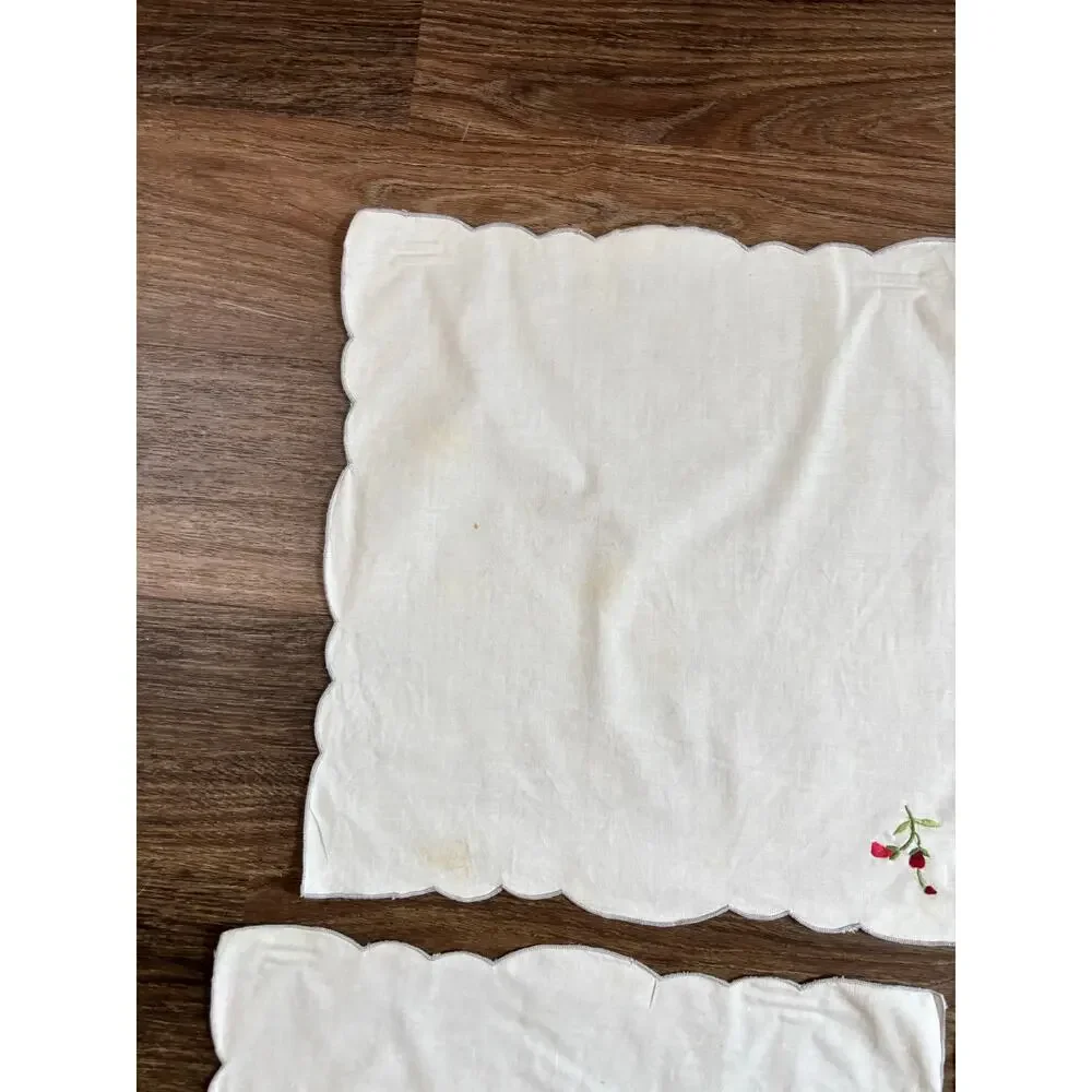 Vintage 5pc Cloth Napkins White Cotton Red Floral Rose Embroidery AS IS 15